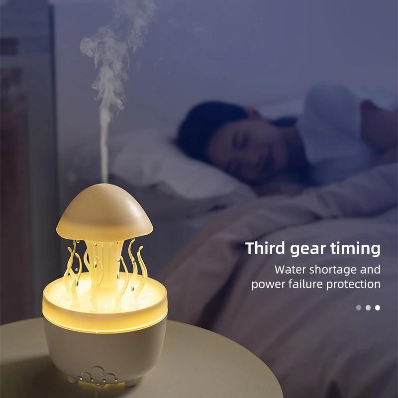 Home rotating raindrop aroma diffuser with colored night light, desktop mushroom and aquatic plant air humidifier with remote control.
