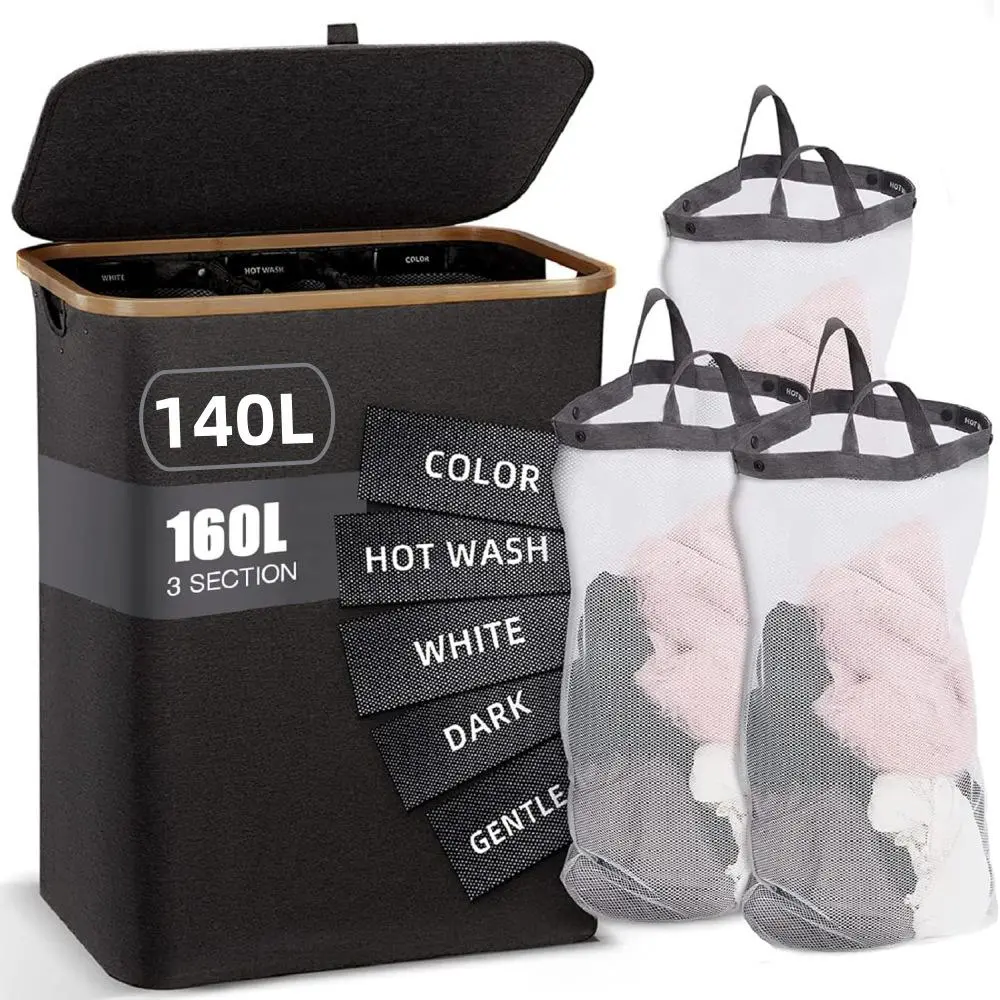 160L 3-Section Laundry Hamper Basket, Freestanding Clothes Basket with Lid & Sturdy Handle, Multi-Functional High-Capacity Storage Organizer for Everyday Use in Laundry Room, Bedroom