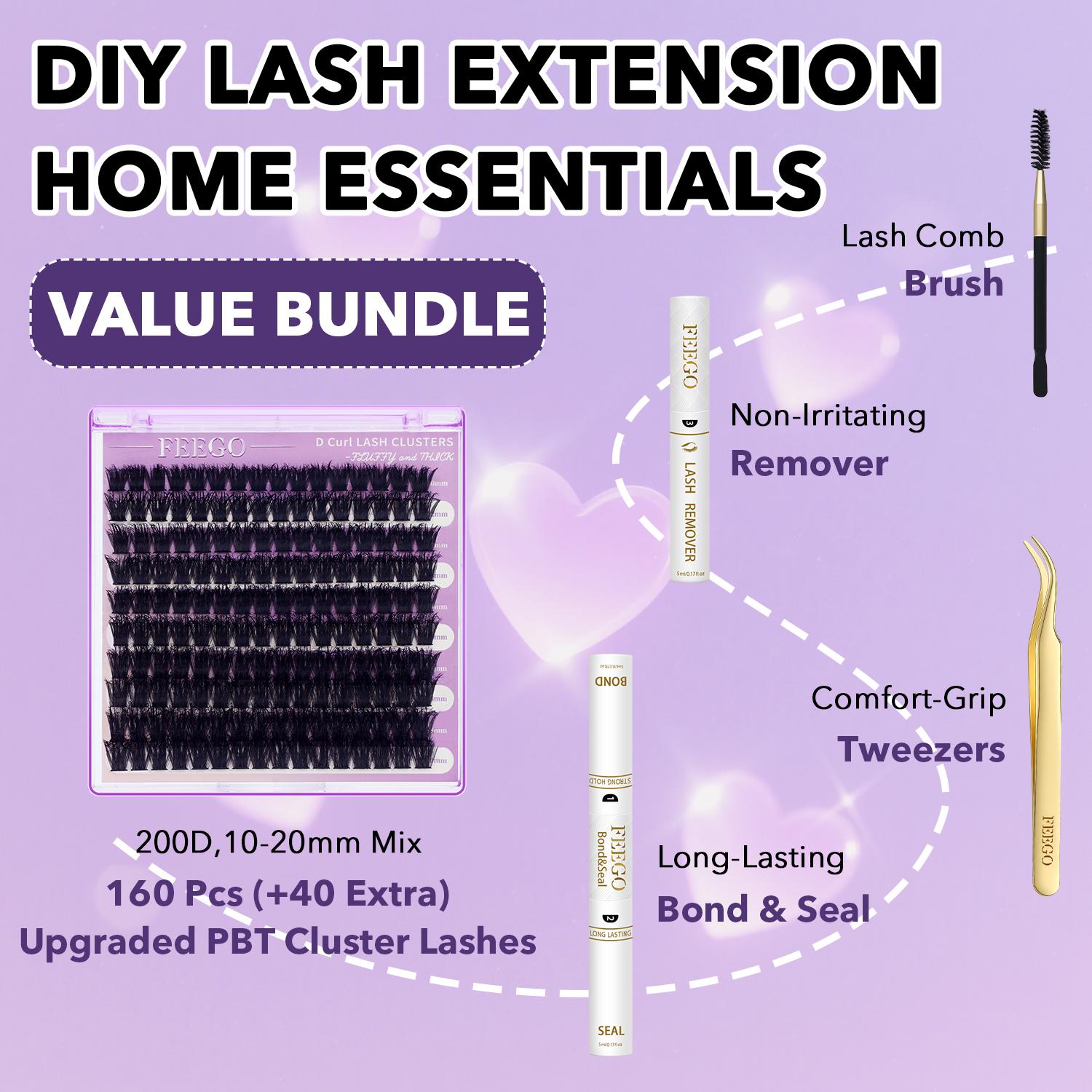 FEEGO 200D Lashes Extension Kit Thick Eyelash Extension Kit 10-20mm Lash Clusters Individual Eyelashes Kit With Lash Bond and Seal D Curl Cluster Eyelash