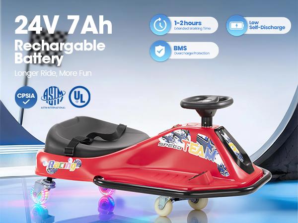 PHI VILLA Kids Electric Drift Car, 2 Speed Wiggle Go Kart for Boys & Girls Ages 3+, 24V Crazy Cart, Front Lights, Bluetooth Music & Safety Harness