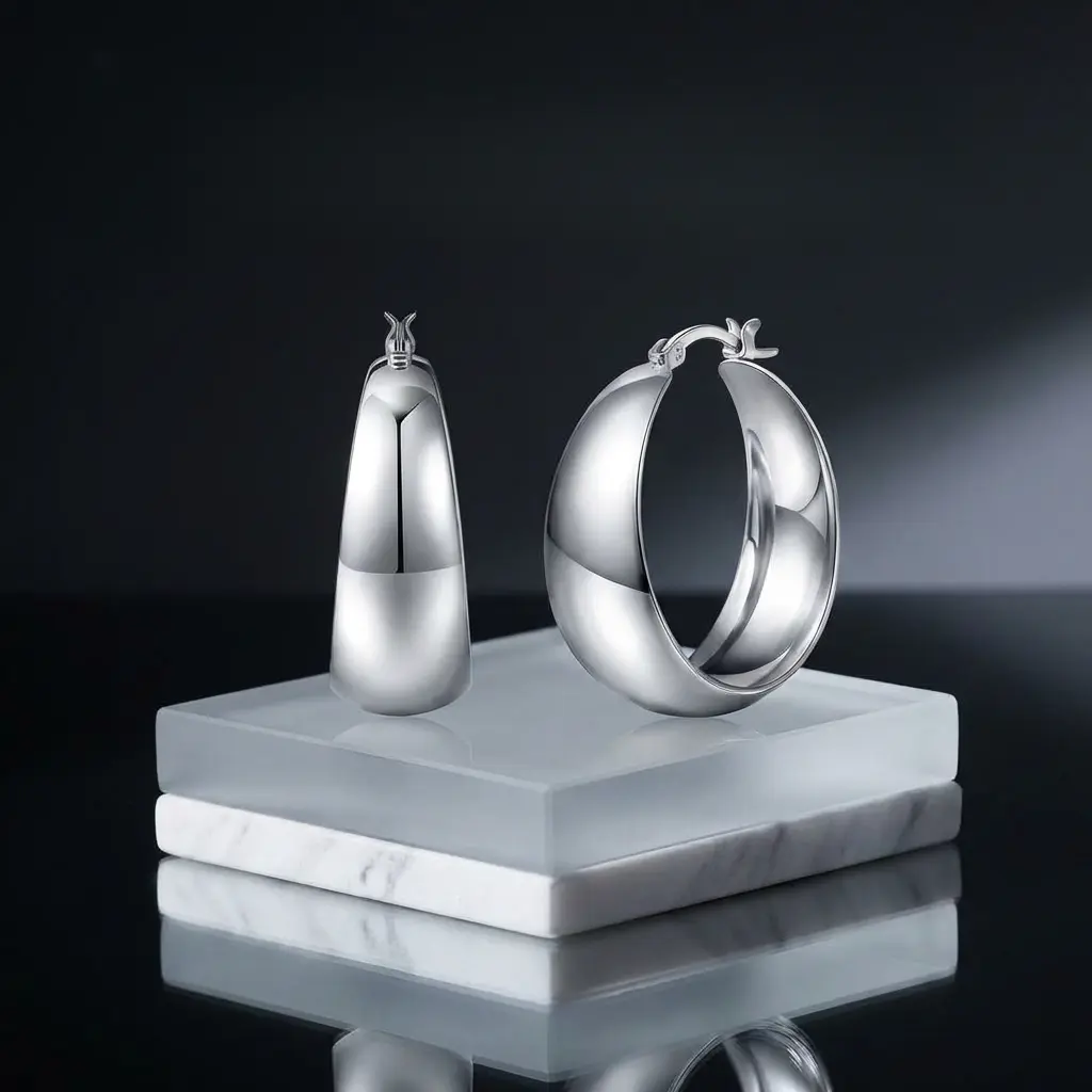 S925 Sterling Silver Chunky Hoop Earrings 12mm Wide, Mirror Polished Sculptural Hoops, Hypoallergenic Lightweight Click-Lock Hoops for Women, Daily Casual, Party, Wedding, Everyday Statement Jewelry