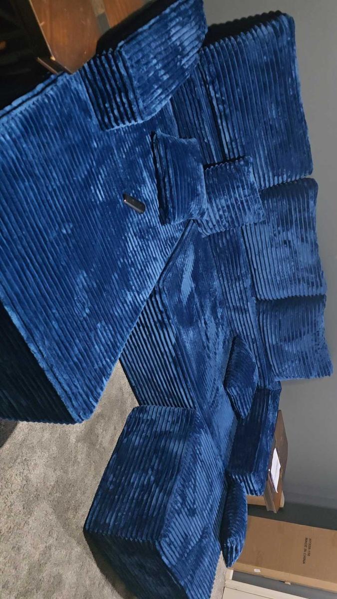 Item: Navy Plush Corduroy Left Chaise, U-Shape with Ottoman