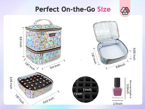 SAVILAND Nail Polish Organizer Bag: PU Leather Nail Storage Case Holds 30 Bottles & Nail Lamp, Holographic Nail Supply Organizer for Nail Polish Tools Nail Tech