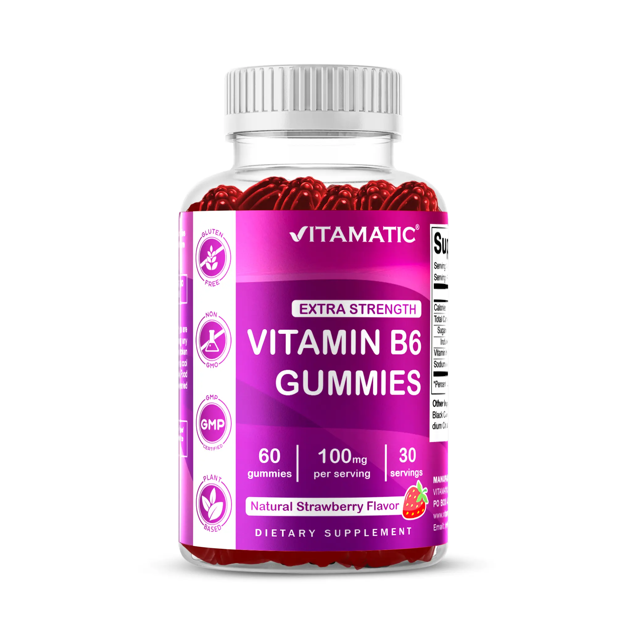 Vitamatic Extra Strength Chewable Vitamin B6 Pectin Gummies - 100mg, 60 Pieces, Natural Berry Flavor, Gluten Free, Non-GMO, Vegan Friendly, Water-Soluble, Nicotine-Free, No Artificial Color/Wheat, Adults, Supports Nervous System & Metabolism, Energy Boost