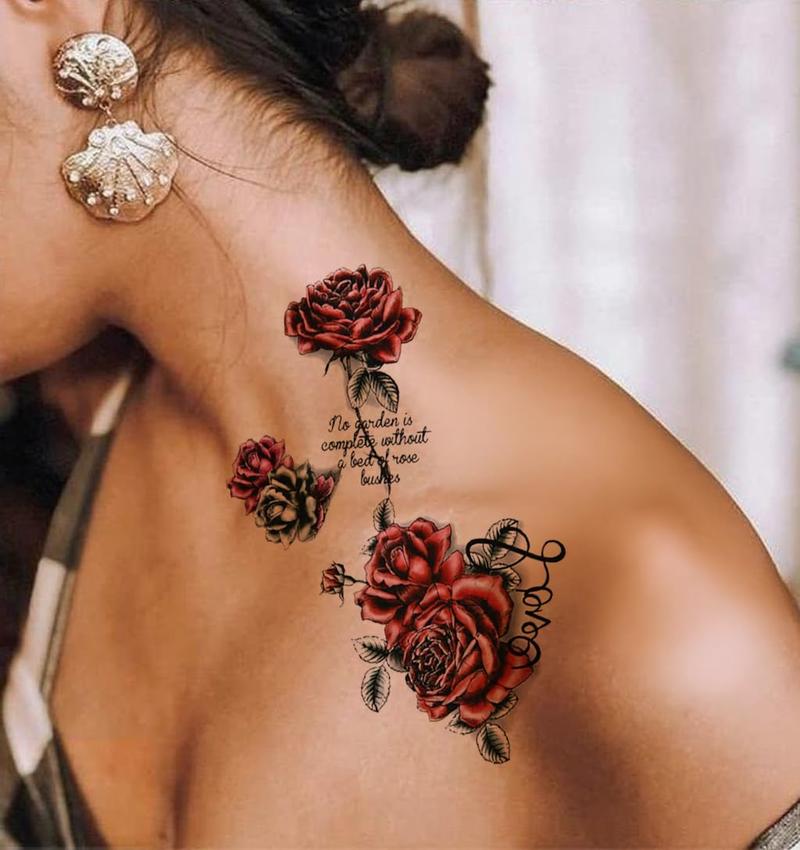 7pcs Red Temporary Rose Flower Arm & Leg Tattoo Stickers, Sexy Stripper Chest & Thigh Design, Waterproof, Perfect For Women