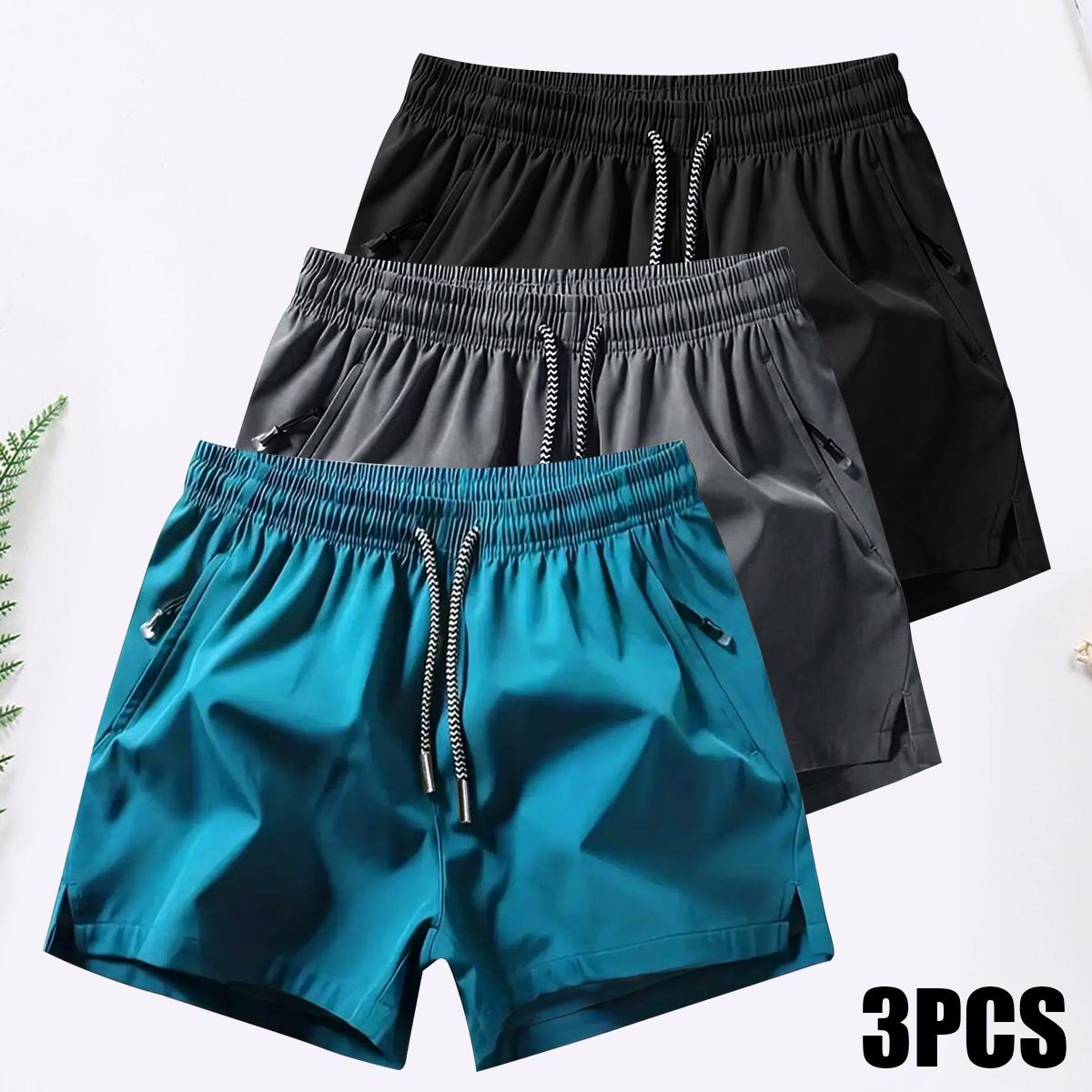 Men's 3PCS Plain Fashion Sports Shorts with Drawstring & Zipper Pockets for Summer Training Daily Wear Lightweight Breathable Workout Pants for Outdoor Activities