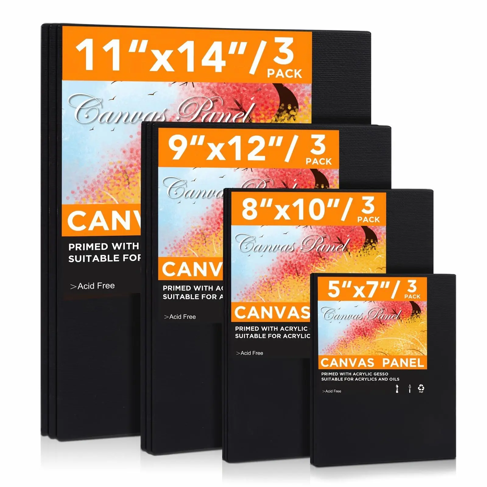 Professional Artist Canvas Panels Multi Size Pack - Acid-Free Primed Surface for Oil Acrylic Watercolor Painting (11X14 9X12 8X10 5X7, 12-Pack Studio Art Boards)