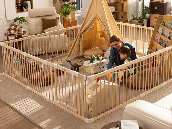 HARPPA Wooden Baby Gate Playpen | Adjustable Play Yard for Infants & Toddlers, Natural Finish Baby Fence, Non-Toxic Pinewood, Foldable DIY Shapes,Baby Items