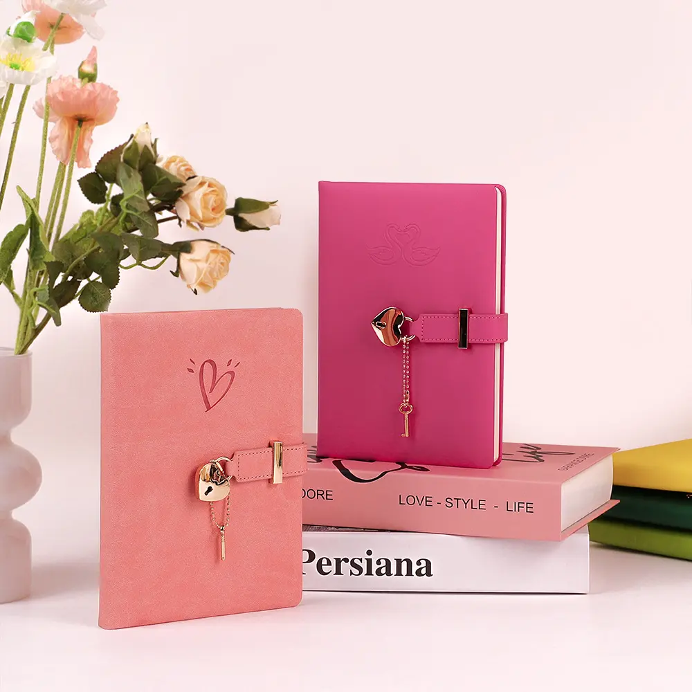 Heart-shaped lock clasp single-edge stitched hardcover notebook for girls — cute heart design, locked journal/notepad, gift