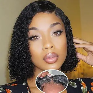 Glueless Wigs Human Hair Pre Plucked Pre Cut Wear and Go Glueless Wig for Beginners Bob Wig Human Hair 180% Density Curly Wave Curly Lace Front Wig 12 Inches Natural Black