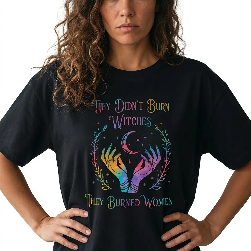 They Didn't Burn Witches Shirt Women Feminist Graphic Tee Plus Size Mystical Moon Top
