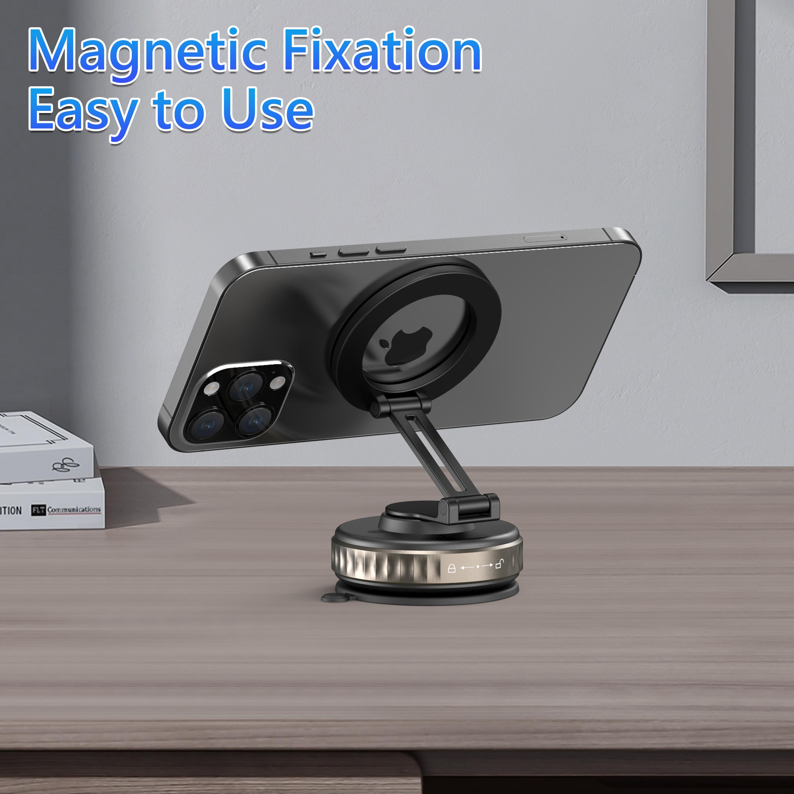 Universal Magnetic Car Phone Holder - Strong Vacuum Suction Cup Mount for All Smartphones & Vehicles | Foldable Design Works on Dashboard, Gym & Bathroom Mirrors