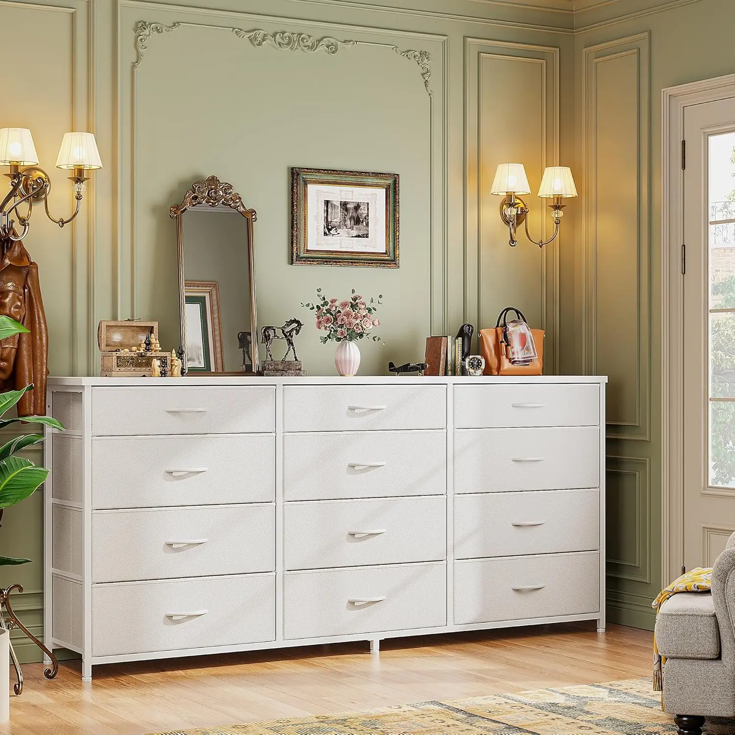Raybee 55" Long Dresser for Bedroom with 12/13 Fabric Drawers, Wide Storage Dresser & Chest of Drawers, Entertainment Center for 60 Inch TV, Metal Frame Wood Top Organizer for Living Room & Apartment, Modern Home Décor Furniture, Cozy Christmas Gift Idea