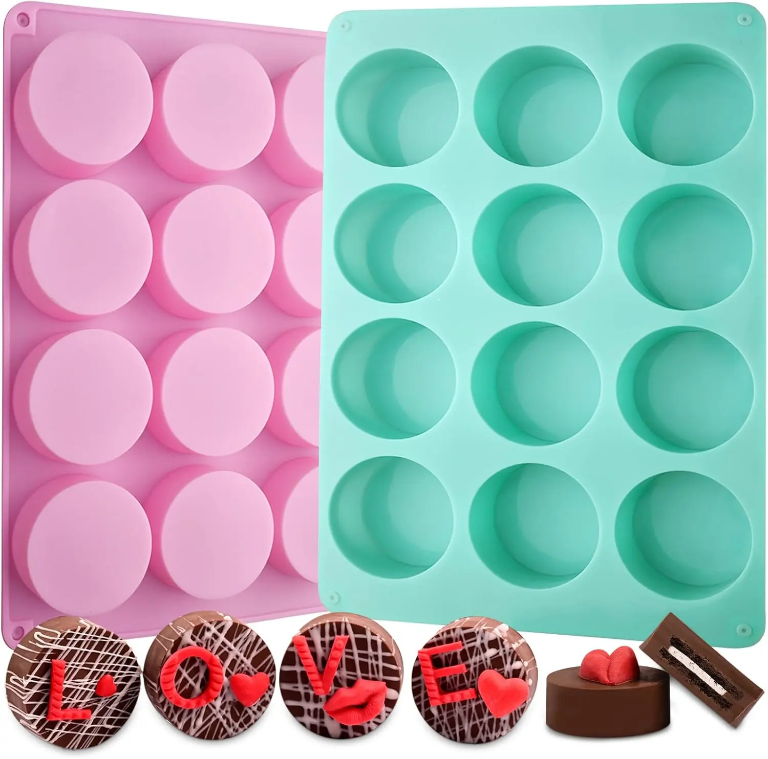 Stylish 2-Pack 12-Cavity Round Silicone Baking Molds, 2.1in x 0.82in Cylinder Bakeware for Chocolate & Cookies, Durable and Easy to Use, Effortless Demolding, Beginner-Friendly