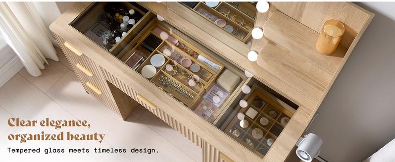 AMERLIFE 36.2/47.2" Fluted Vanity Desk with Mirror and Adjustable LED Lights, Large 4/7 Drawers Makeup Table with Glass Top and Charging Station for Women and Girls,,Best Gift Ideas/Christmas Gifts