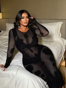 [HILLAR] Plus Size Women's Sexy Fishnet Sheer Elastic Long Dress, Autumn