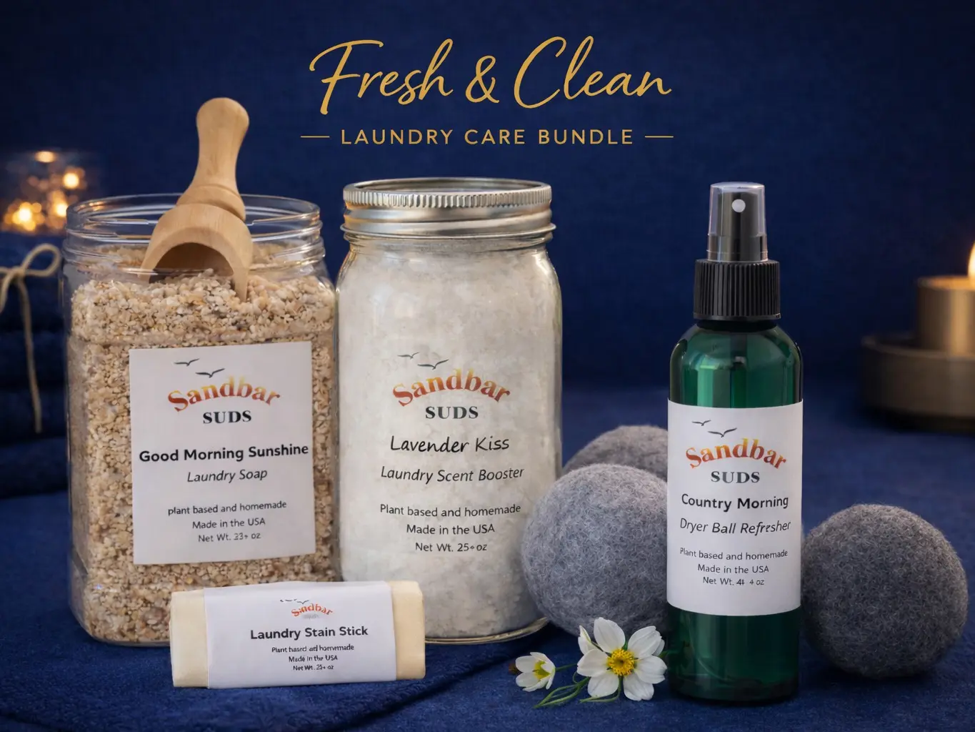 Sandbar SUDS Fresh & Clean 8-Piece Laundry Bundle | Complete Natural Laundry Care Set | Includes Handcrafted Laundry Soap, Scent Booster, Stain Stick, 3x Wool Laundry Balls & Ball Refresher Spray | Eco-Friendly Laundry Essentials | Made in USA