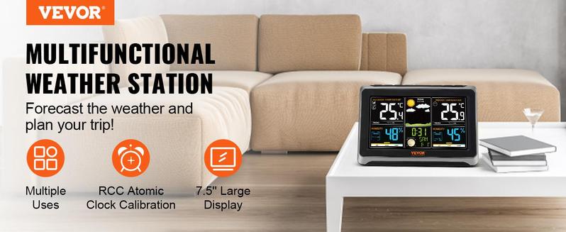 VEVOR Weather Station Indoor Outdoor, Various specifications, 7.5 in Large Color Display, Wireless Digital Home Weather Station, with Sensor Atomic Clock Adjustable Backlight Forecast Data Calendar Alarm Alert Temperature