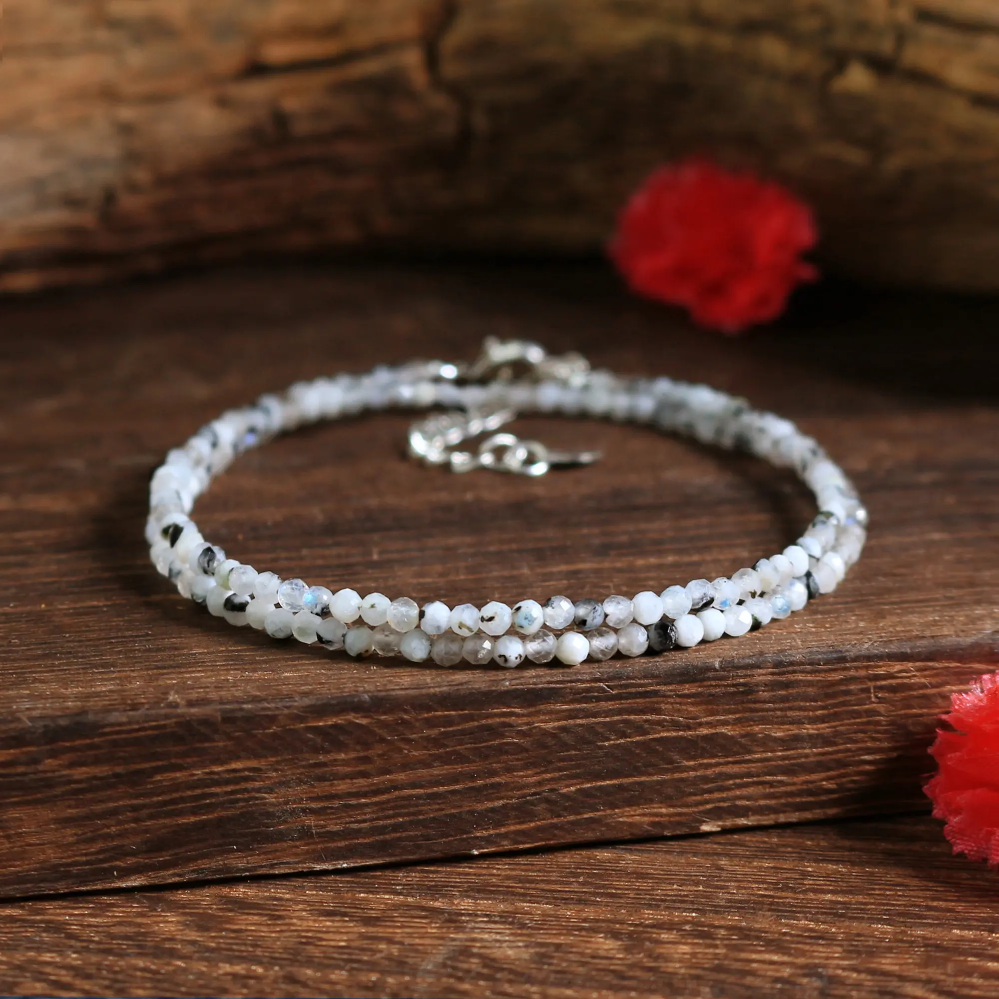 Women's Natural Rainbow Moonstone Faceted 2mm Beaded Choker Necklace - Moonstone Crystals, Healing Reiki, Minimalist Boho Jewelry Gift