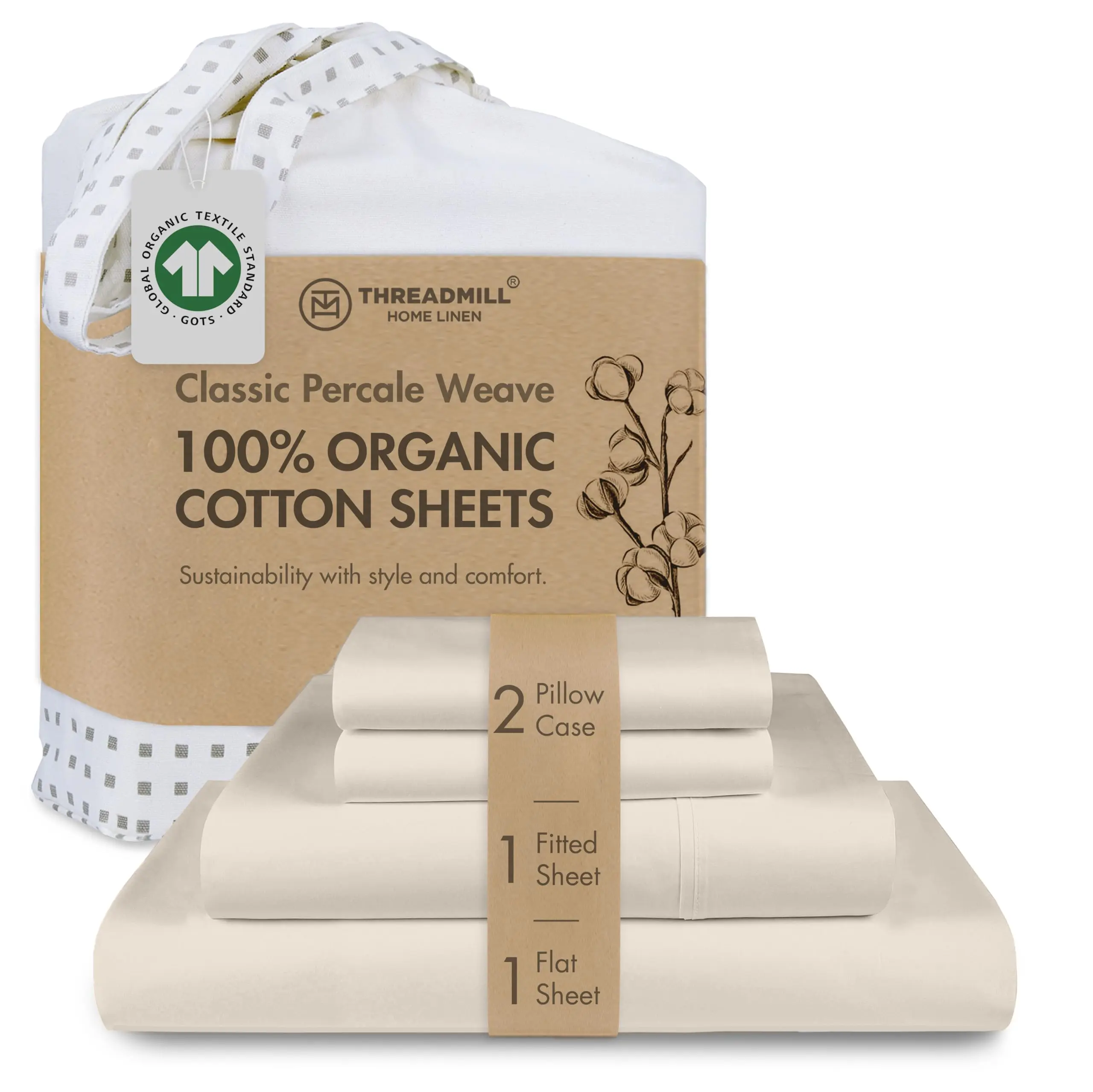 Threadmill Home Linen 3-Piece Organic Cotton Percale Sheet Set - 300 Thread Count, 15” Deep Pocket, Soft Breathable Cooling Bed Sheets, Printed & Solid Options