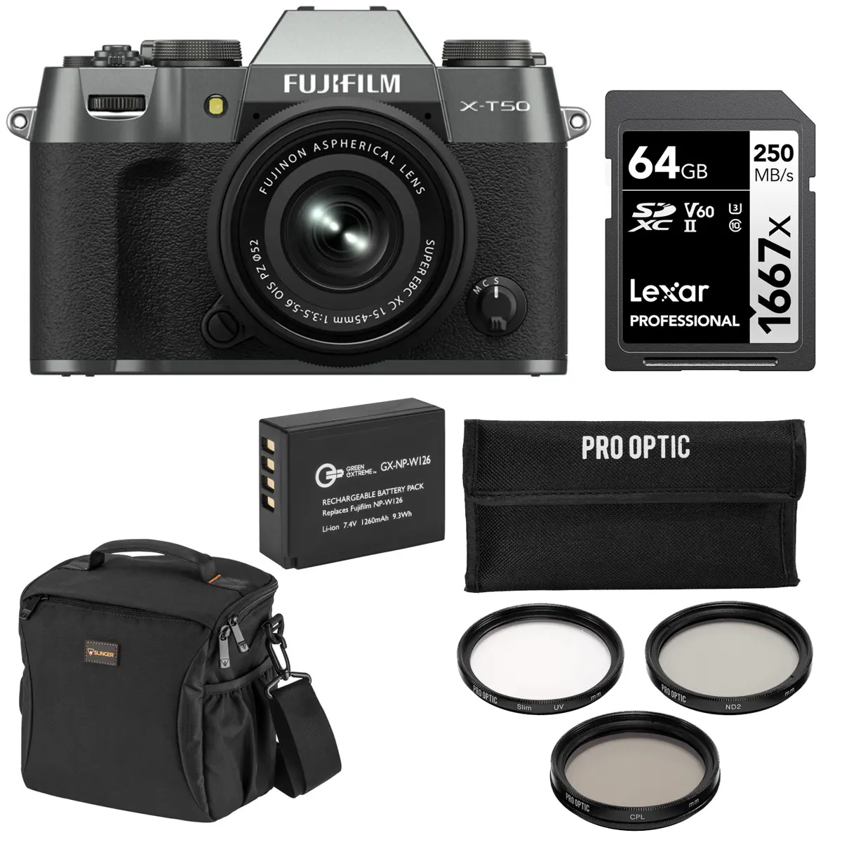 Fujifilm X-T50 Digital Compact Mirrorless Camera with XC 15-45mm f/3.5-5.6 OIS PZ Lens (Black) - Bundle with Extra Battery, 64GB Memory Card, Shoulder Bag, 52mm Essentials Filter Kit, Handheld Stabilizer (ois stabilization), Wi-Fi/Nfc