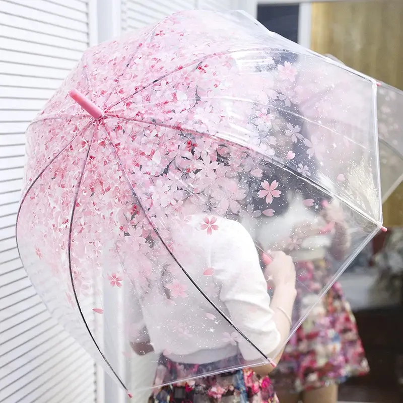 1PC Foldable Umbrella, Easy To Carry, Cute And Fresh, Full Of Artistic Atmosphere; Minimalist Cherry Blossom Transparent Umbrella; Foldable Umbrella; Travel Umbrella; Unisex; Cherry Blossoms; Umbrella; Suitable For Weddings And Parties