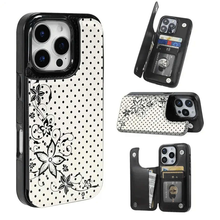 Phone Case - Floral Vines Against A Polka-Dot Background Textured Card Holder Phone Case Compatible With Iphone 17 16 15 14 13 12 11 Pro ProMax Plus  Air Series Samsung S22/S23/S24/25 Series Perfect Gift Choice, Mobile Phone Accessories, Cellphone Pattern