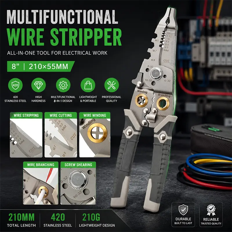 8-in-1 Multi-Function Wire Stripping Tool - Heavy Duty Electrician Pliers with Crimping, Winding, Branching, Bolt Cutting, Anti-Slip Comfort Handle for Electrical Repair, DIY Tools
