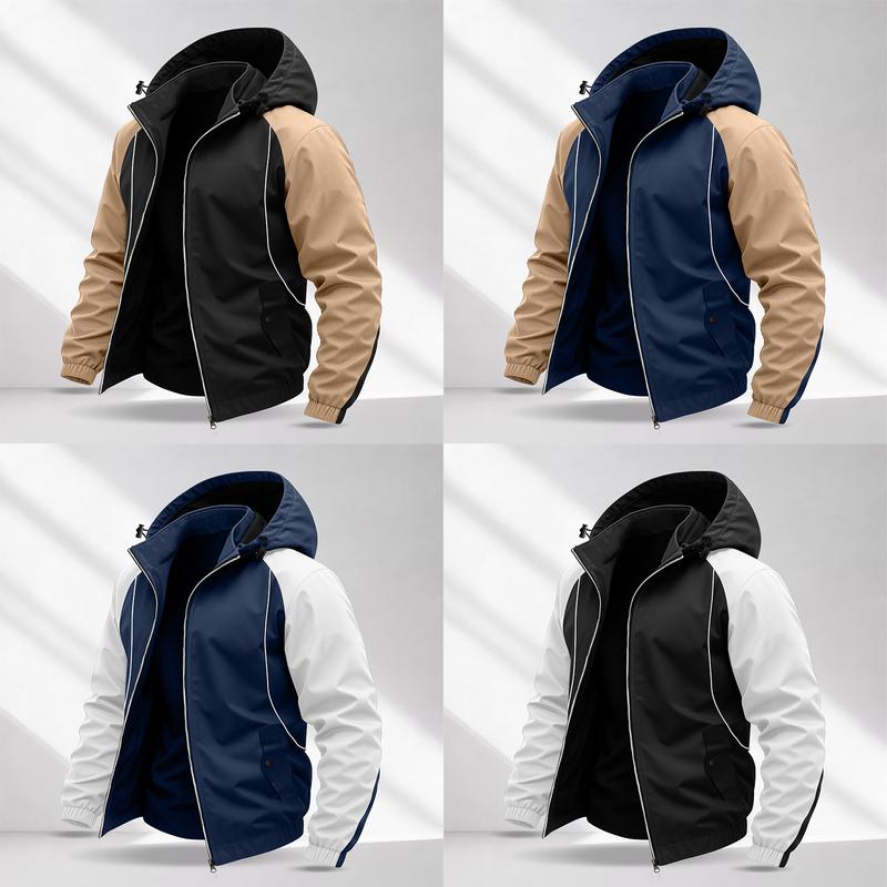 Men’s Color-Block Hooded Jacket — Y2K street windbreaker with zipper, suitable for skateboarding and casual looks; ideal for street commuting; retro sports color-block windbreaker.