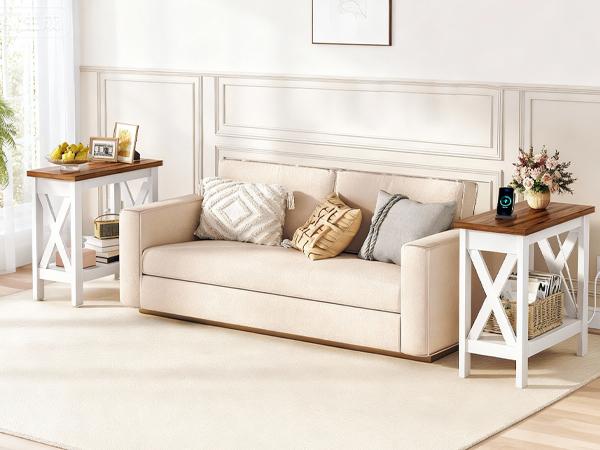 HOOBRO Farmhouse End Table with Charging Station, Narrow Side Table with Open Shelves, 2-Tier End Table with X-Shaped Frame, Small Accent Table, Slim Nightstand, Narrow Sofa End Table, Bedside Table for Living Room, Bedroom, White and Walnut