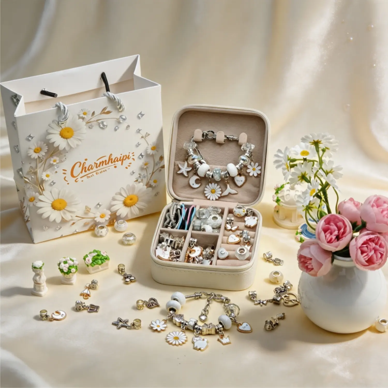 2026New White Daisy Handmade Jewelry & Accessories 68Pcs DIY Beads Charm Bracelet for Women Making Kit with Jewelry Box Spring Daisy Beading & Jewelry Making Supplies Kit Special Art Handcraft Gift Jewelry Gifts Set for Girlfriend for Birthday Christmas