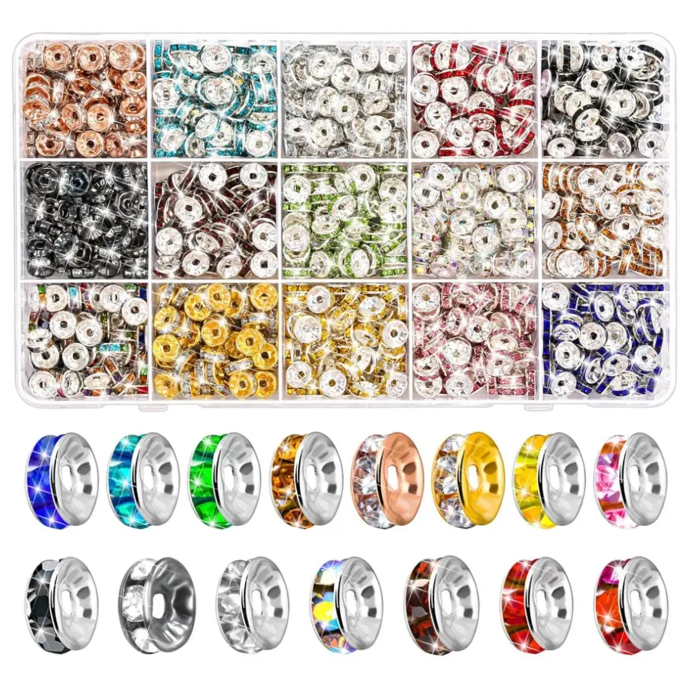 900 Pcs Crystal Rondelle Spacer Beads, 8mm Bulk Bead Kit with Shiny Multicolored Rhinestones in 15 Colors for DIY Jewelry Making, Pens & Crafts, Bulk Beads
