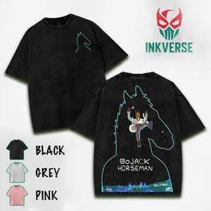 BoJack Horseman v2 Vintage Washed T-Shirt, Adult Animation Graphic Tee, Cartoon Double Printed Shirt, Washed Cotton T-Shirt, Menswear Streetwear Top