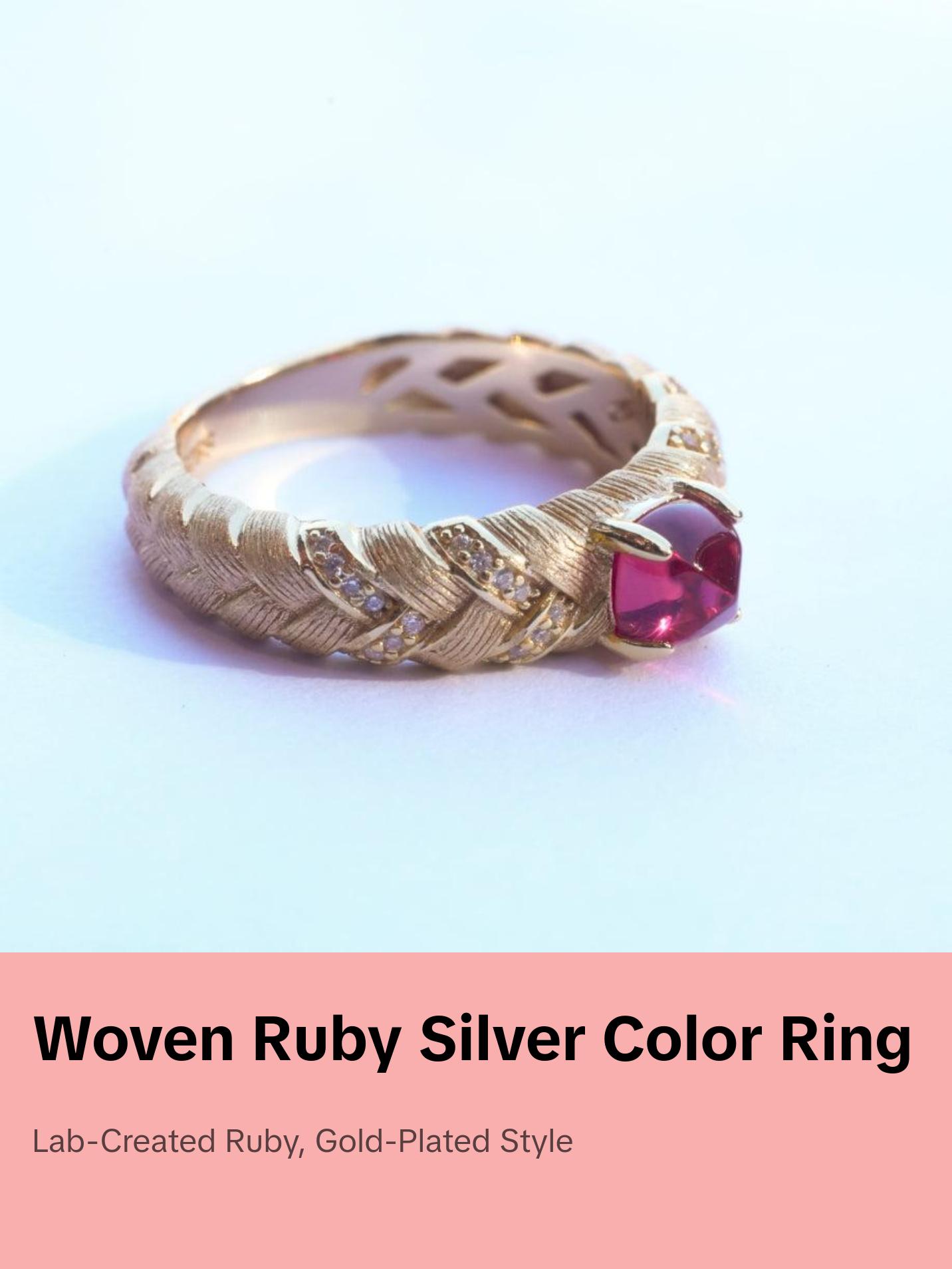 Woven Style Lab-grown Ruby Silver Ring - Golden Color