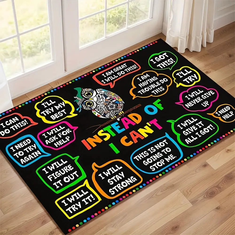 Motivational Owl Doormat with Inspirational Phrases - Colorful Non-Slip, Machine Washable Rubber Mat for Home Decor, Entryway, Living Room, Bathroom, and Balcony, Featuring "I Need Strength" & "I Can Do It" Designs