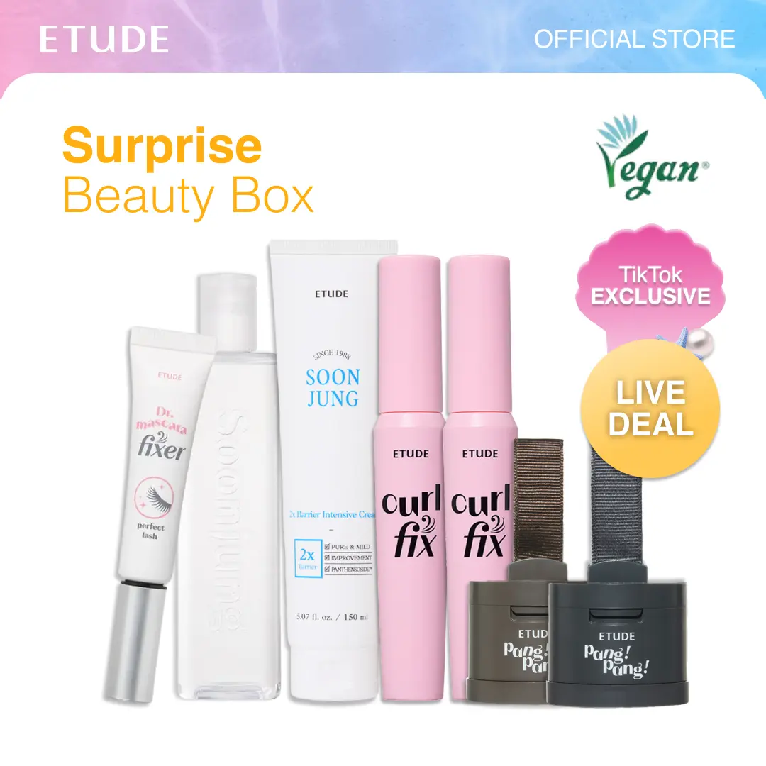 [ETUDE Official] Surprise Beauty Box (Live Deal) | Soonjung pH5.5 Relief Toner(11.8 fl oz (350ml))+Soonjung 2x Barrier Intensive Cream+Curl Fix Mascara BOGO+Dr. Mascara Fixer+Pang Pang Hair Shadow+Real Art Cleansing Oil Moisture | TikTokShop Exclusive