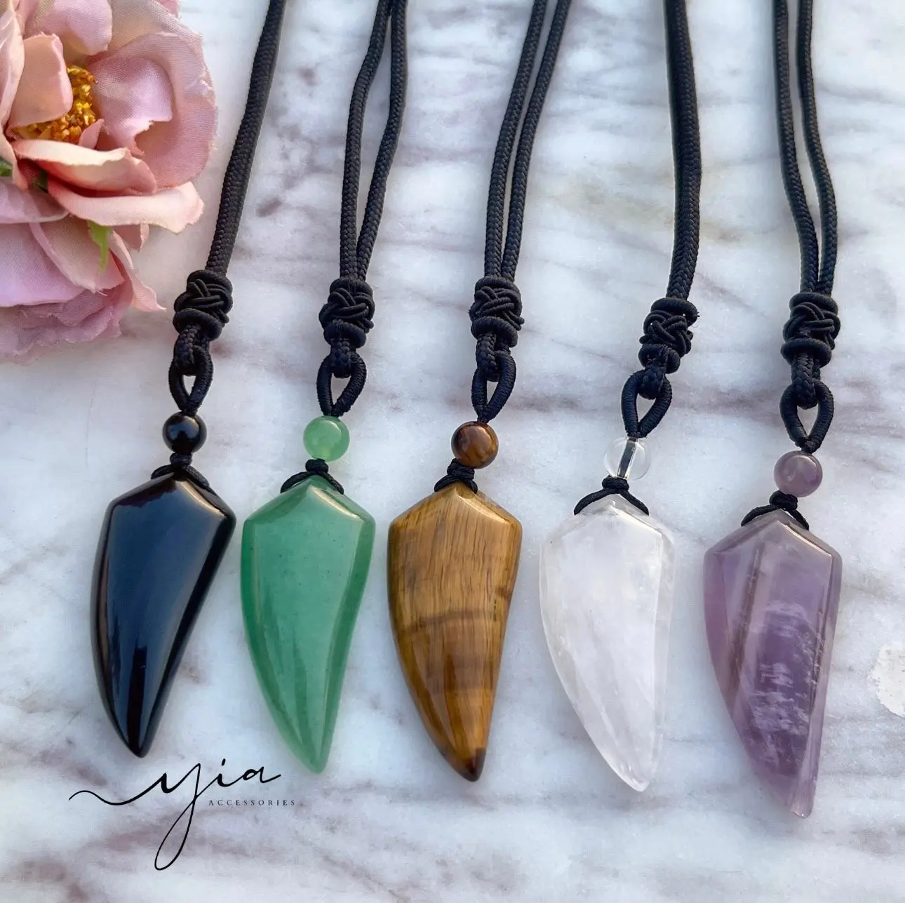 Natural Gemstone Pendant Necklace, Minimalist Spiritual Crystal Amulet on an Adjustable 26 Inch Beaded Cord - Amethyst, Tigers Eye, Onyx, Beaded Pendant Necklace, Crystal Charm Necklace
