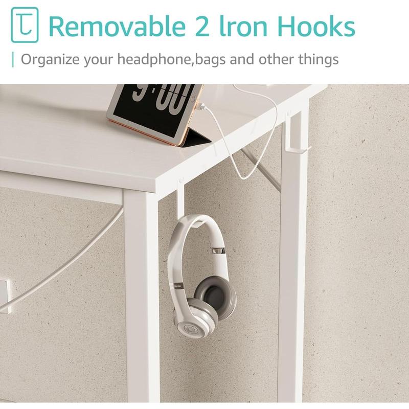 Lufeiya White Computer Desk with Power Outlet, 55 inch Teen Study Table Home Office Work Writing Gaming Desks with Charging Station Outlets Built in, White, Get Free Gift