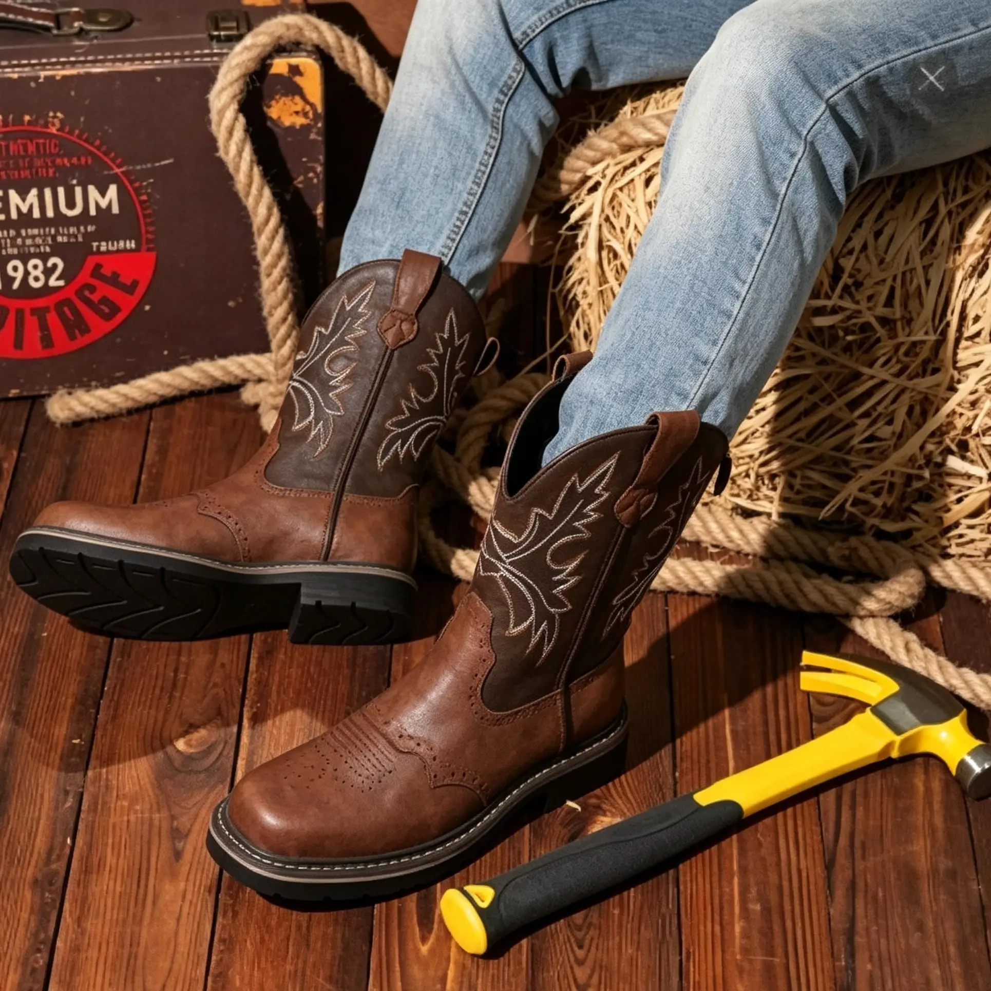 【Rodeo Boots】Men's Steel Toe Western Boots - Two-Tone Brown Embroidery Work Boots with Reinforced Steel Toe & Slip-Resistant Sole | Heavy-Duty Safety Footwear for Ranchers, Construction Workers & Outdoor Laborers