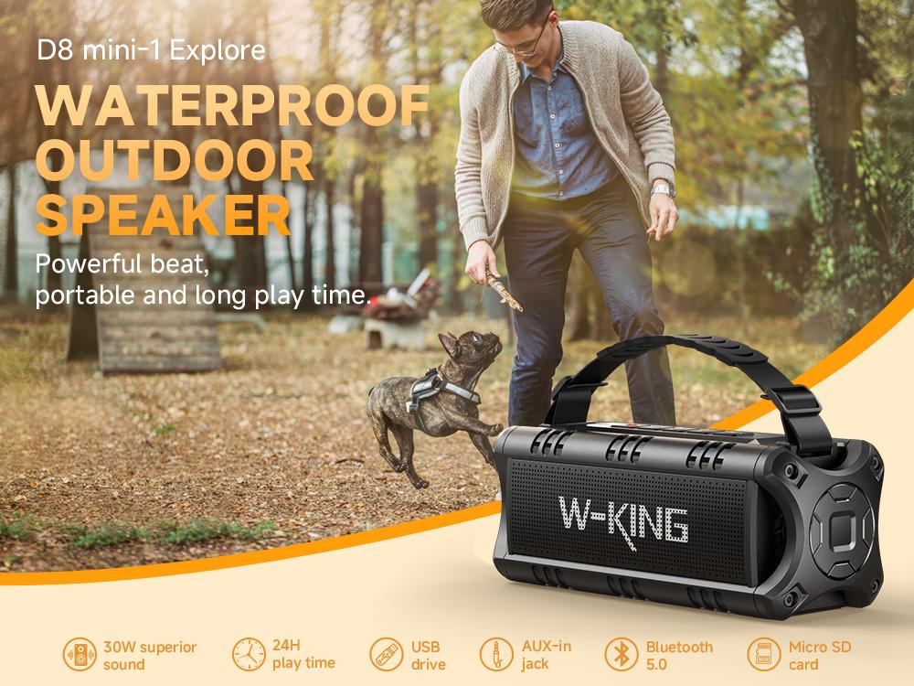 W-KING 60W Peak D8 Mini Portable Bluetooth Speaker, IPX6 Waterproof, 30W Wireless, 24-Hour Playtime, Powerful Bass, NFC, TF Card, USB Playback, Built-in Mic, AUX-IN, for Home, Outdoor Adjustable Subwoofer