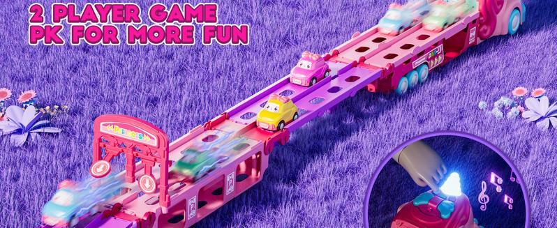 Durable Garage Multifunction Dinosaur/Princess/Unicorn Truck Toys for 2-7 Year Boys & Toddlers Foldable Track 2 Player Race Mode Light Sound Transport Carrier with 6 Dino Cars 12 Accessories Birthday Christmas Gift Idea for Kids Girls