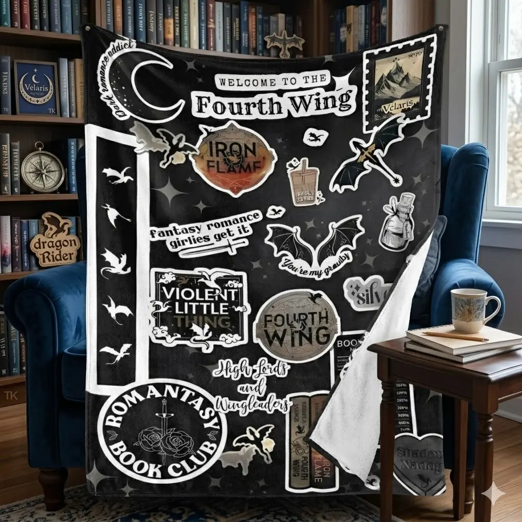 Fourth Wing Iron Flame Dragon Print Flannel Throw Blanket, Ultra Soft Cozy Warm Book-Themed Blanket for Reading Nook Decor, Book Club Gift, Book-Themed Blankets