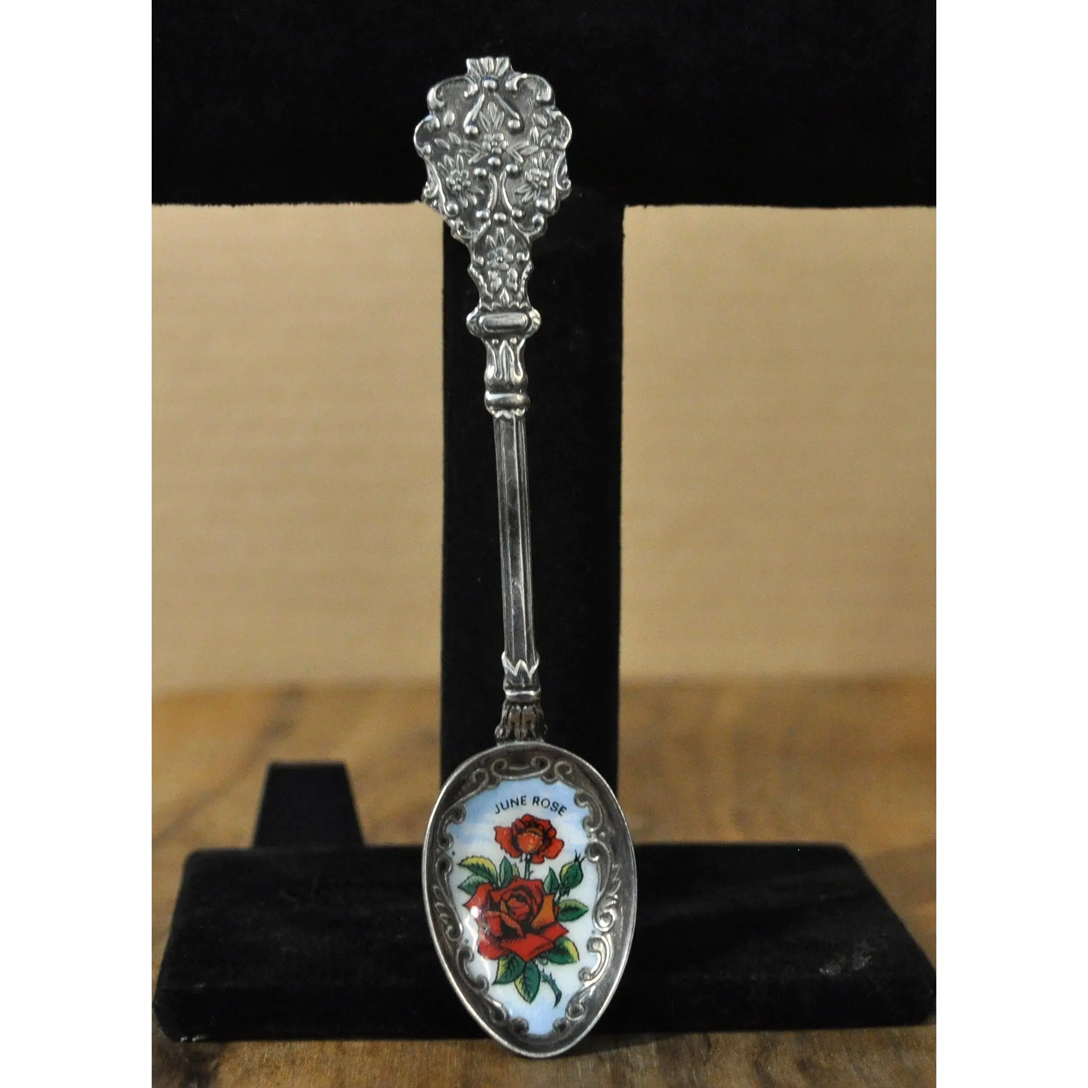 Vintage June Rose Enamel Souvenir Spoon - Antique Souvenir Spoon June Rose