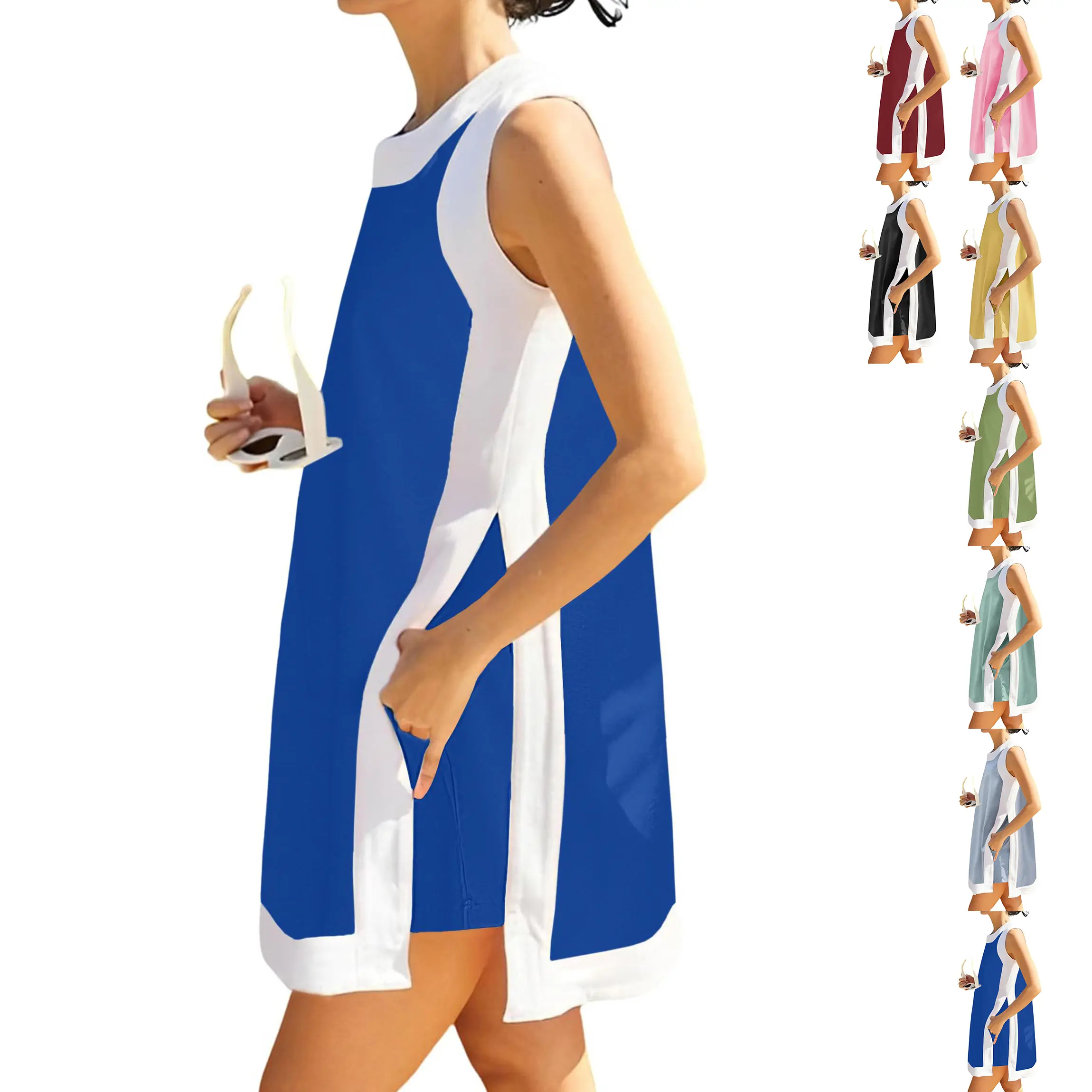 Buenoble Women's Color-Block Sleeveless Mini Dress with Shorts underneath   Casual Loose Summer Vacation Outfit, 2-Piece Set with Pockets - TikTok Shop