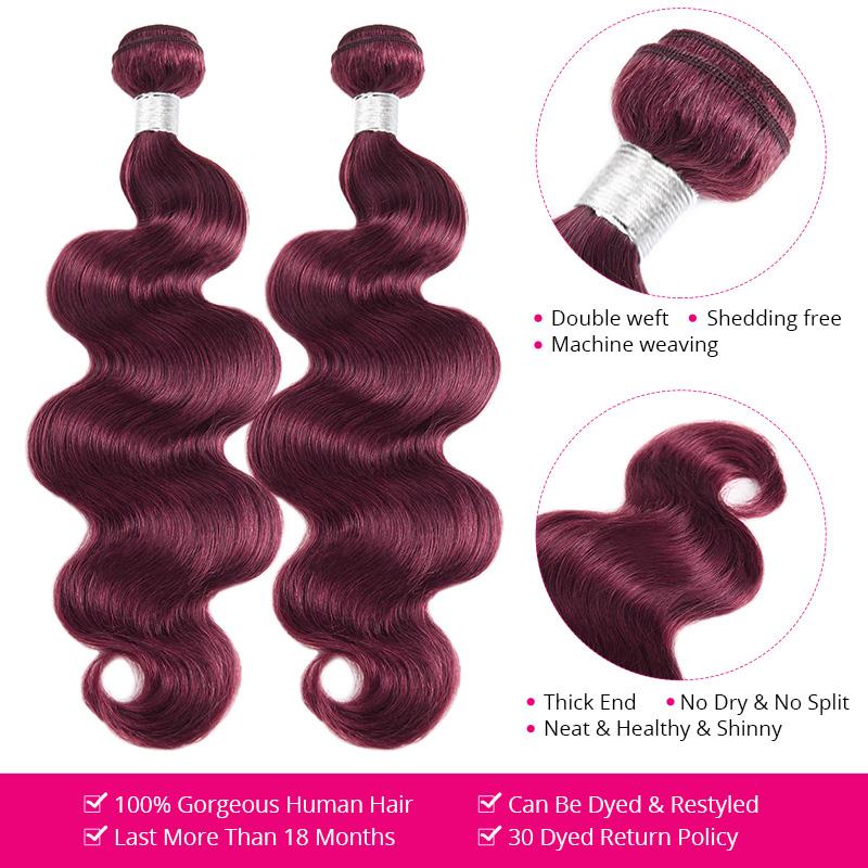 99J Body Wave Bundles Human Hair Sew In Bundles Burgundy Hair 1 3 4 Bundle Hair Extensions 4×4 Lace Closure Quick Wave Extensions