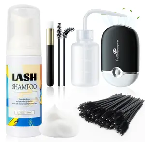 Buqikma Lash Shampoo Kit Eyelash Extensions Cleaning Kit with Mini Fan Rinse Bottle & Brushes - Oil Free Lash Cluster Cleaner for Eye Lash Extension Maintenance Deep Cleansing & Personal Use, Black