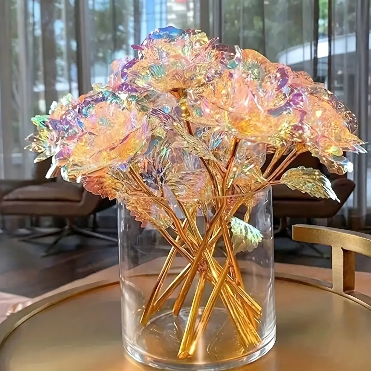 10 PCs Colorful Gold Rose Permanently Preserved Long Stem Rose Artificial Flowers Rainbow Rose Flower Best Gift for Mother's Day Thanksgiving Valentine's Day Girl Birthday Party Decor Decorative