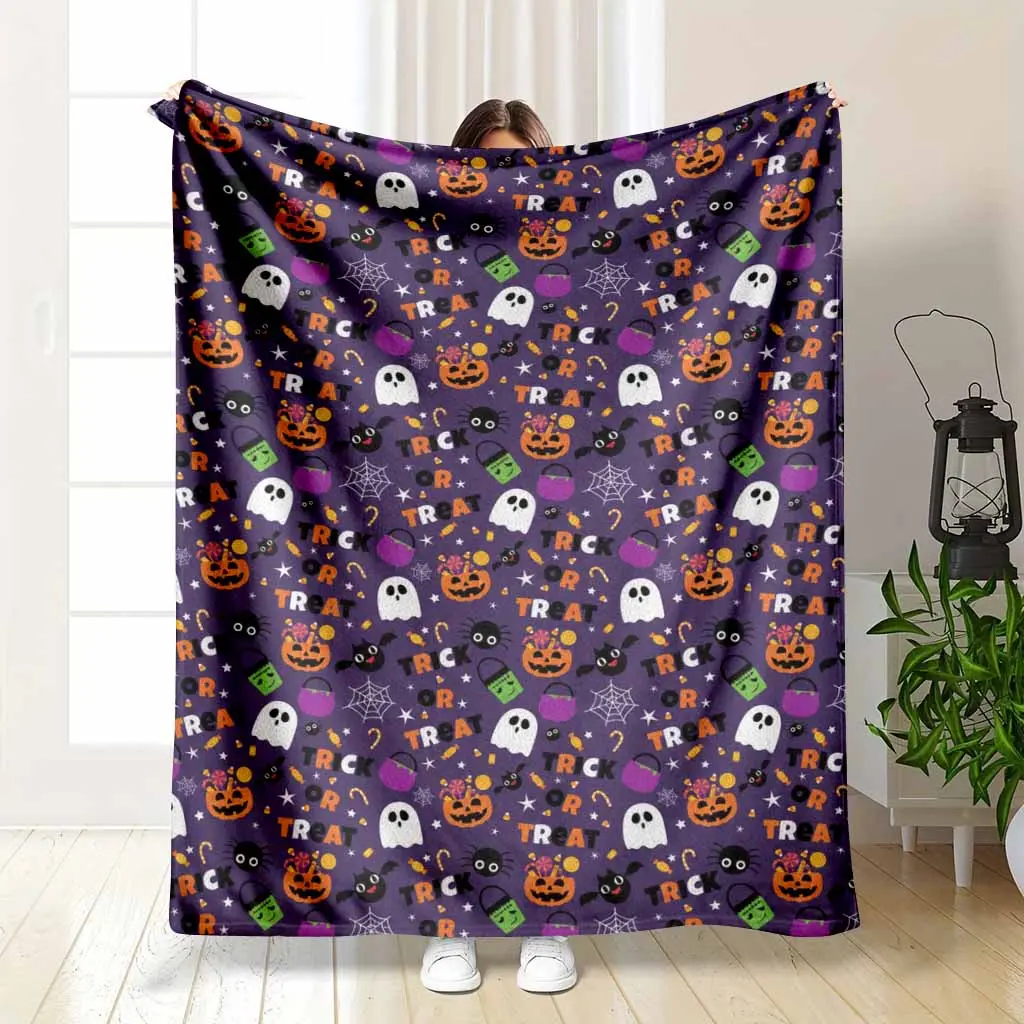 Halloween Pumpkin Flannel Blanket Spooky Trick or Treat Print Pattern Ultra Soft Cozy Lightweight Warmth Breathable Fabric Decorative Bed Sofa Couch Living Room Camping Travel Holiday Gift Idea