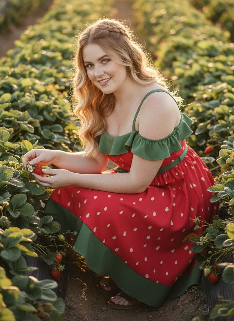 Plus Size Cute Strawberry Dress Aesthetic Summer Look with Bow and Ruffle Trim Sleeveless Vintage Style Retro Stage Boho Bohemian Casual Casual Wear