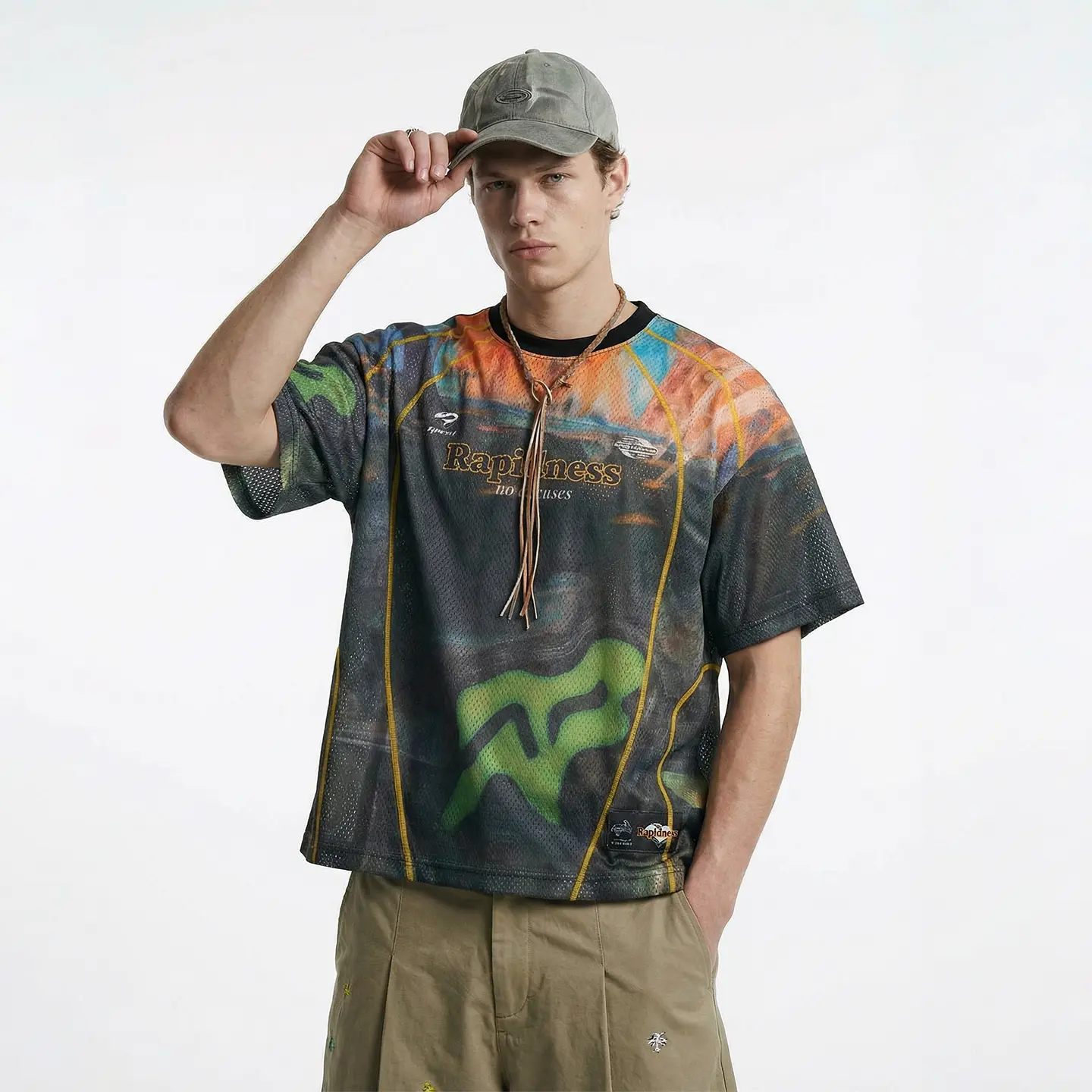 inflation Men's Streetwear T-Shirt, Oversize Digital Print Knit Short Sleeve Top with Mesh Panels and Round Neck, Tshirt, Shortsleeve